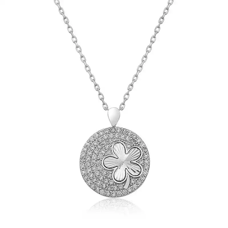 Silver Zircon Stone Clover Lady Necklace 925 Sterling Women Fine Jewelry Wedding Party Birthday Gift - Box - Pendant - Chain Choker - Female - Ladies - Fashion