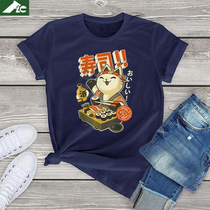 

100% Cotton Tee Girl Sushi Cat Chef Kawaii Neko Manga Anime T Shirt Sushi and Ramen Foodies Unisex Tops Casual Female T Shirt