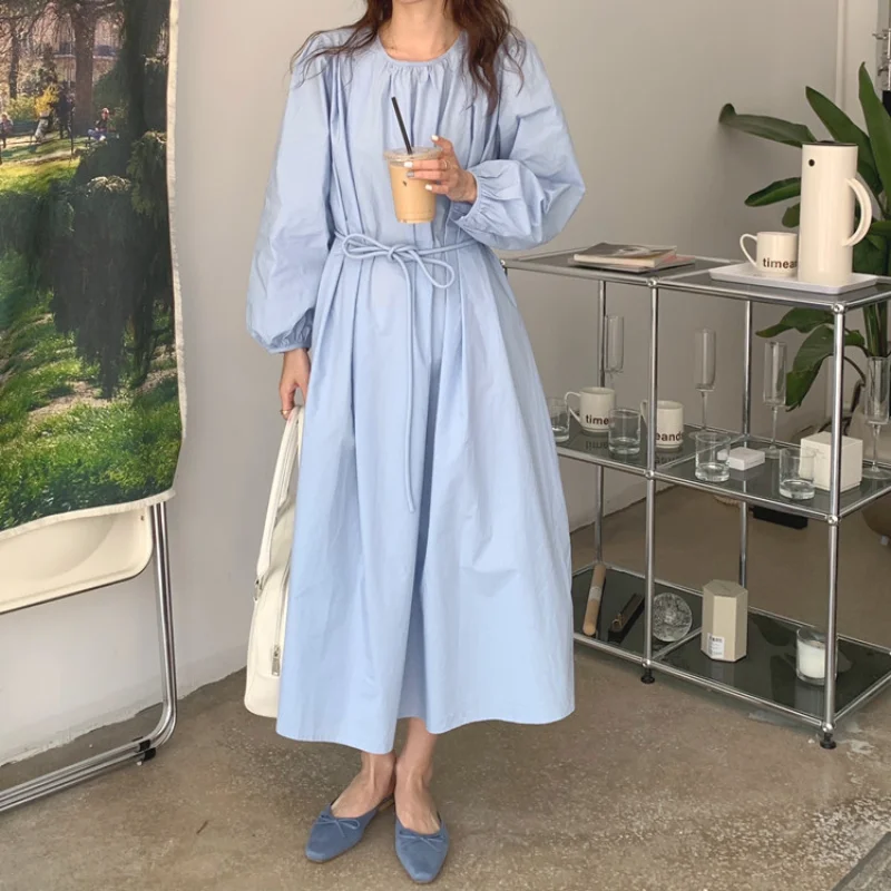Women Autumn Vintage Long Dress with Belt Round Collar Folds Long Sleeve A-line Maxi Dresses Female