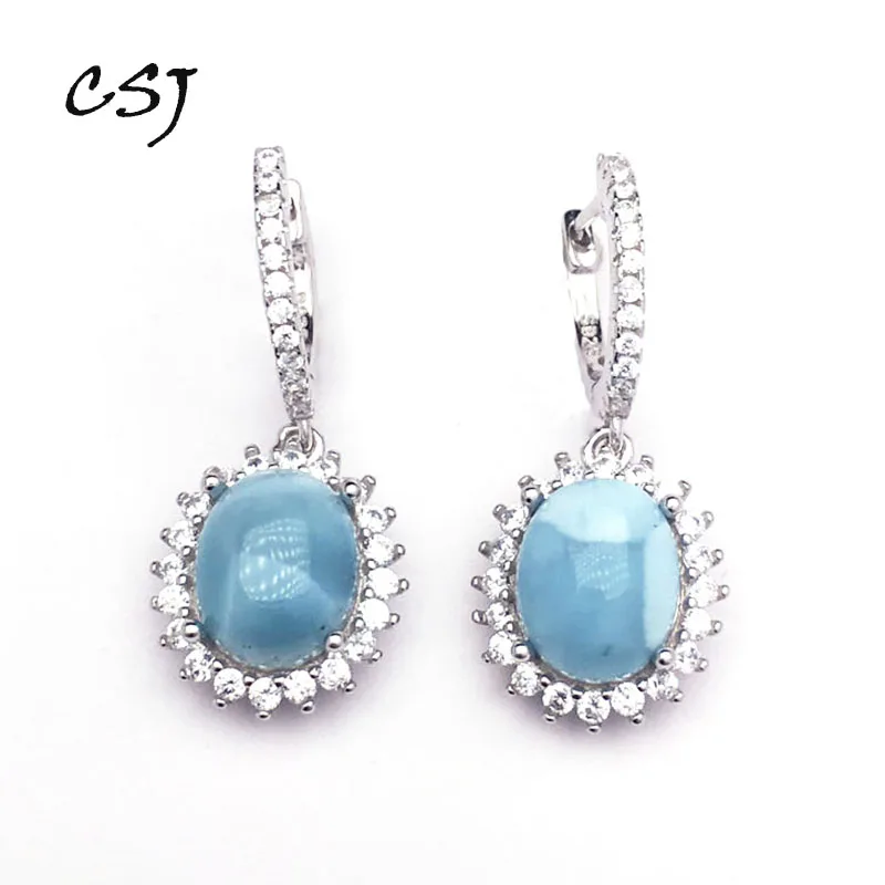 CSJ Naturale Larimar Orecchino in Argento Sterling 925 Blu di Pietra 8*10 di Nozze Festa di Fidanzamento per Le Donne Delle Ragazze Delle Signore