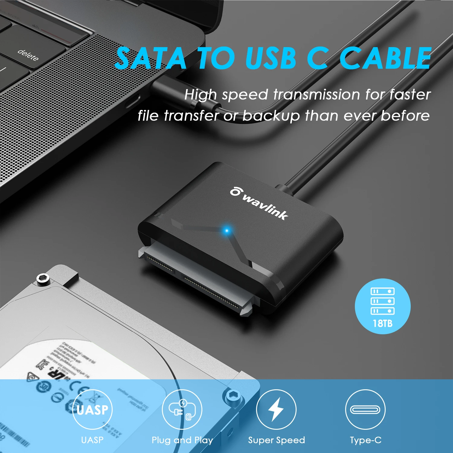 Wavlink USB C to SATA Adapter External SATA III Hard Drive Connector for 2.5'' SSD/HDD&3.5