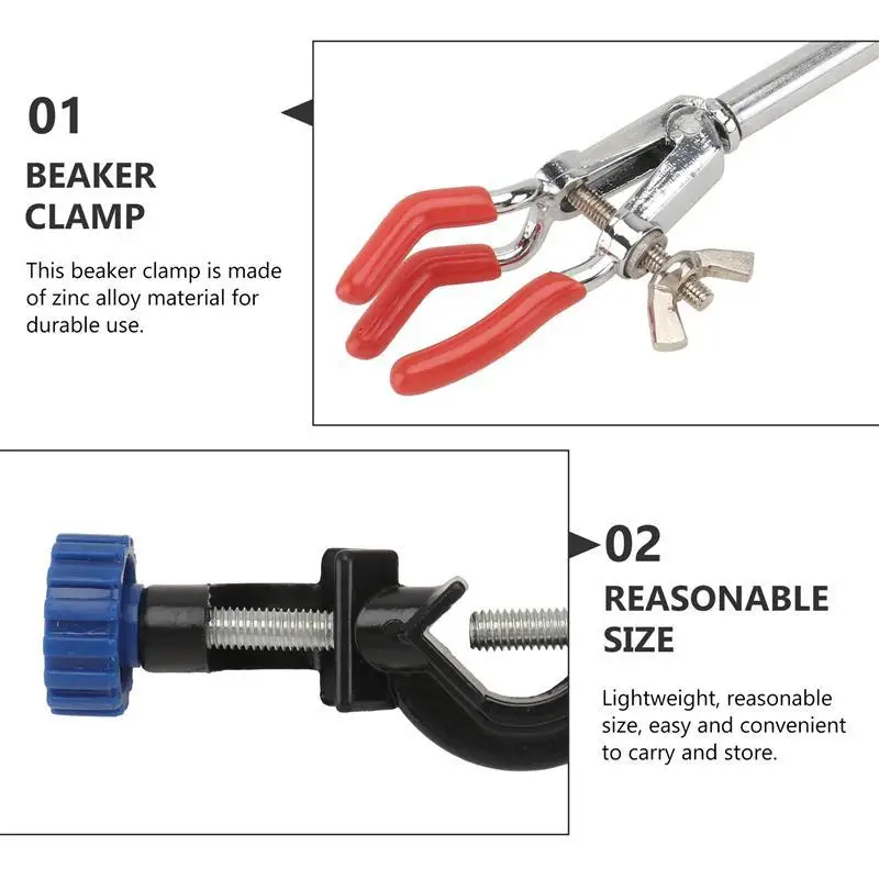 1Set 2 adet laboratuarlar Burette kelepçeleri Prong parmak laboratuvarları kelepçeleri ile laboratuvar standı klipsi (üç çeneli kelepçe + alüminyum