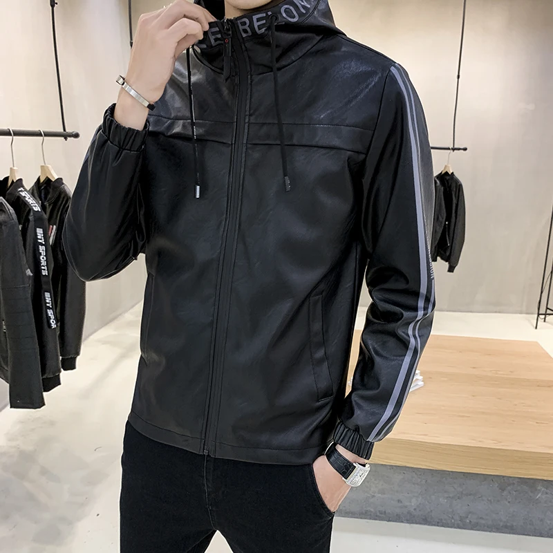 

Casual Hooded Leather Jackets Mens PU Jacket Coat Motorcycle Leather Jackets Letter Jacket 2020 Winter Men Leather Clothing Male