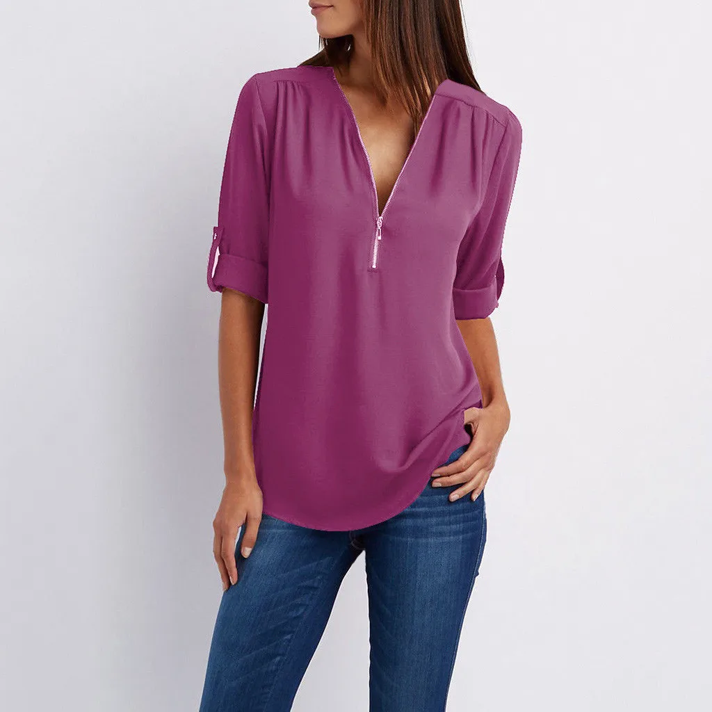 

Fashion Solid Color Blouse Woman Zipper Neck Casual Purple White Pink Green Orange Blouses Tops Female Shirts Clothes