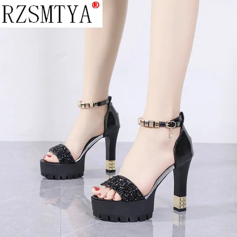 New Summer Women High Heels Wedding Party Sandals Open Toe Ankle Strap Chunky Heels Rhinestone Platform Sandals Diamond Shoes