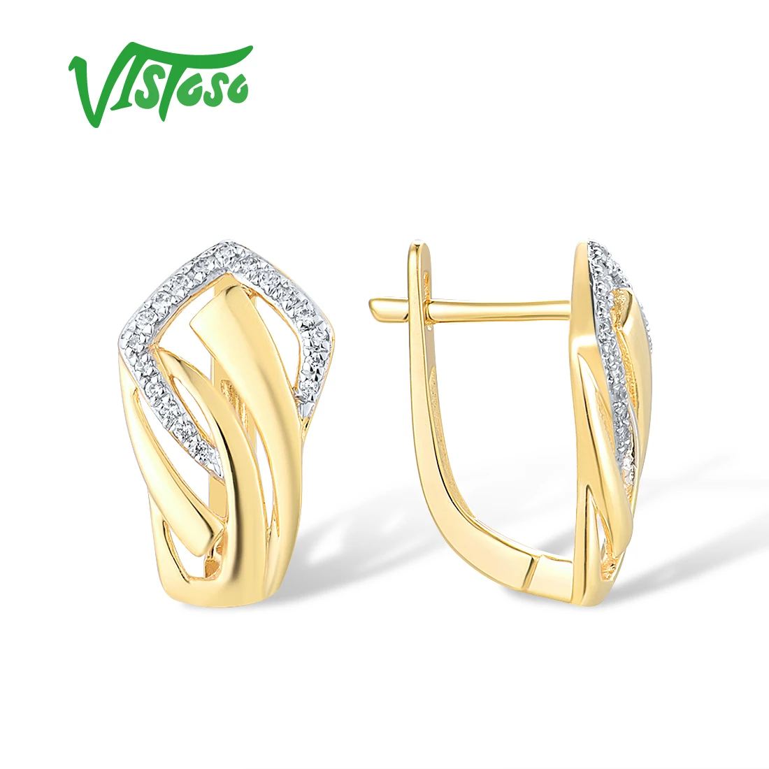 VISTOSO Authentic 14K 585 Yellow Gold Earrings For Women Sparkling Diamond Chic Elegant Twist Earrings Wedding Fine Jewelry