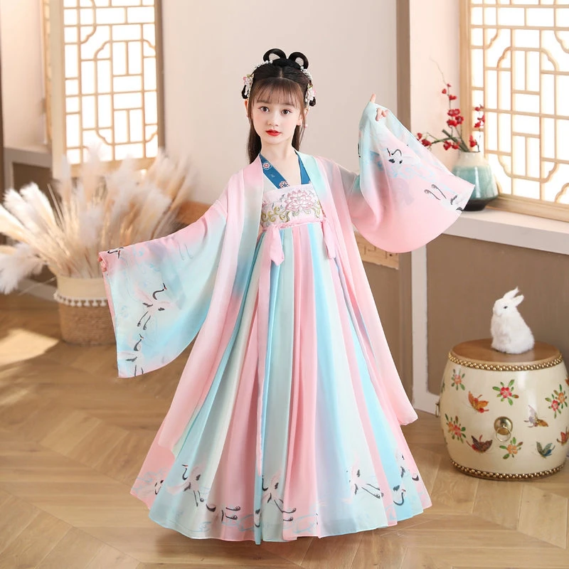 Creative Girls Embroidered Dress Chinese Style Traditional Printed Hanfu Skirt Retro Children's Tang Suit Skirt Costume LC143