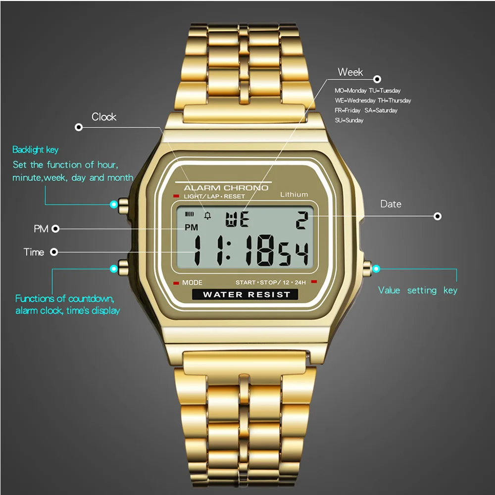 2022 Digital Sport Watches Couple Watch Stainless Steel Watchband LED Digital Wristwatch for Men Women Luxury Electronic Clock