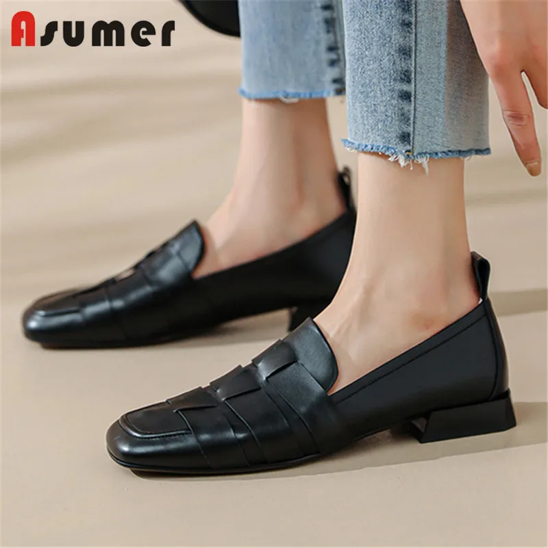 

ASUMER 2022 New Arrive Single Shoes Women Genuine Leather Shoes Weave Square Toe Slip On Spring Flat Shoes Ladies Black