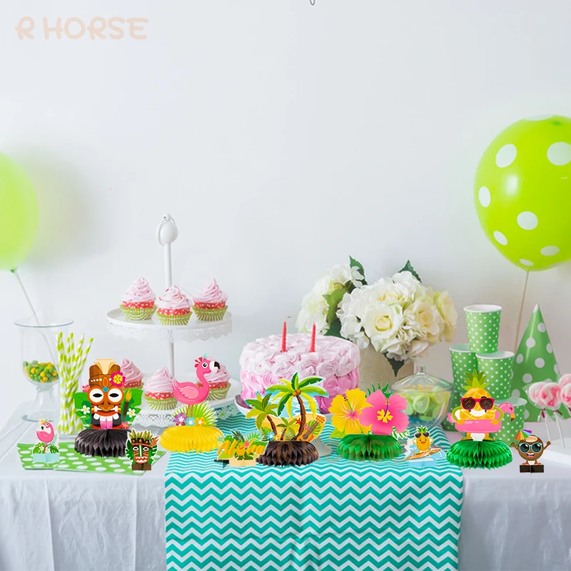 12ชิ้น/เซ็ต Hawaiian Luau Honeycomb Centerpieces ตาราง Topper Party Supplies มะพร้าวสับปะรด Flamingo วันเกิดสำหรับเด็ก