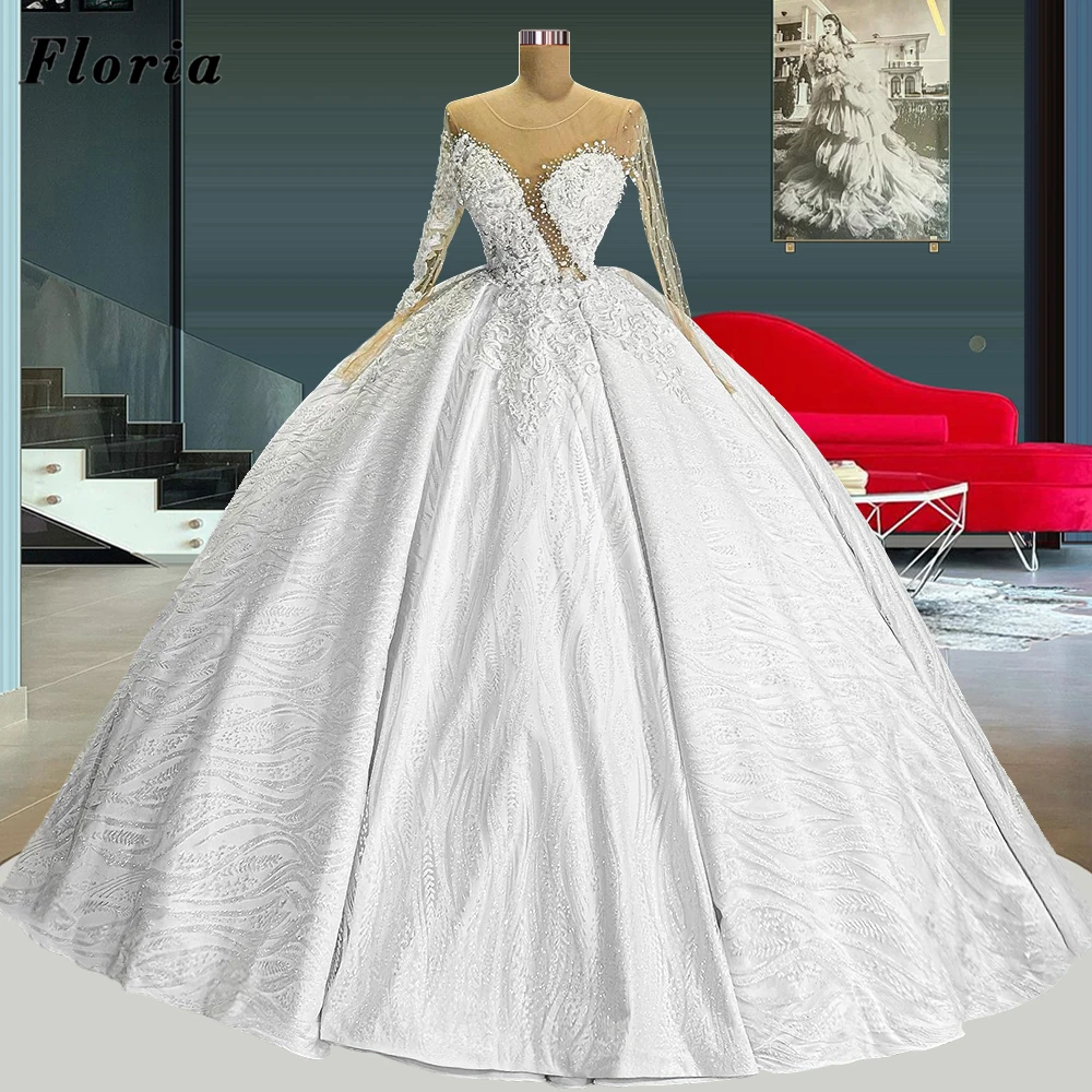 

Floria Luxury 2022 Arabic Long Formal Wedding Dresses Dubai Couture Beads Bride Dresses Women Bridal Gowns Aibye Robes De Mariee