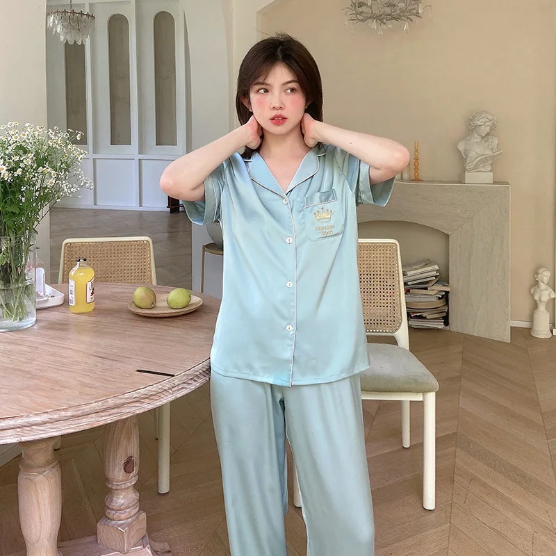 

Short Sleeve Pajamas Suit With Buttons Sexy Embroidery Crown Sleepwear 2PCS Pyjamas Pour Femme Nightwear Casual Loungewear