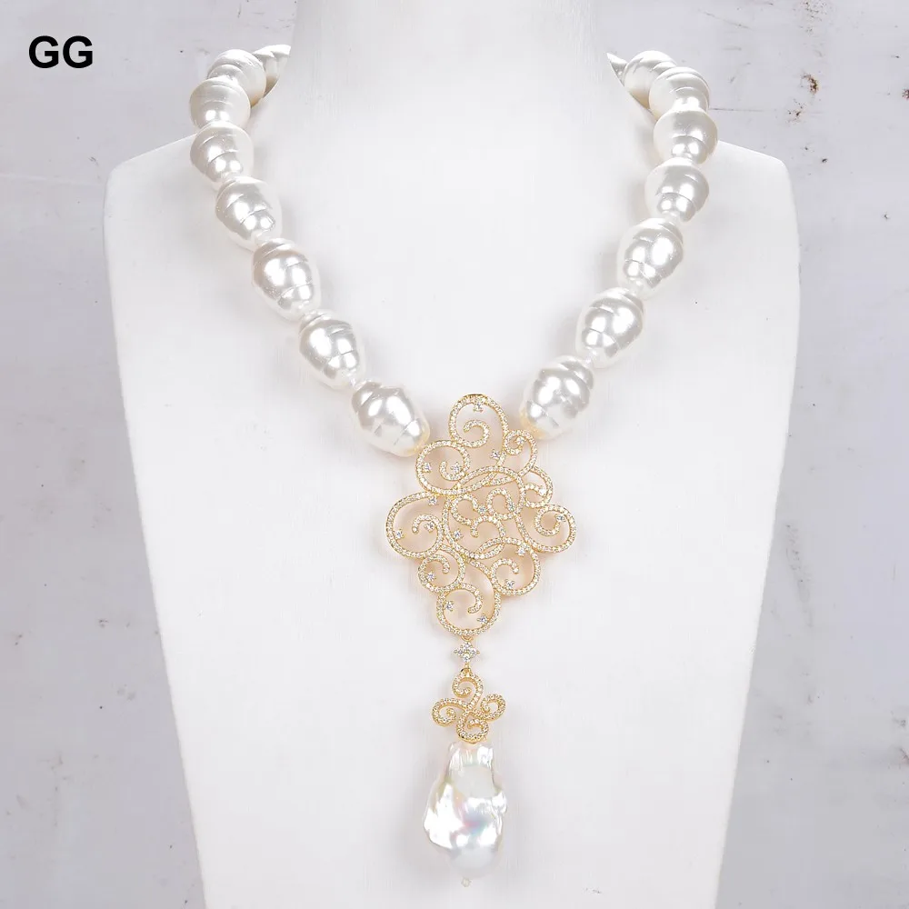 GG Natural White Sea Shell Pearl Necklace White Keshi Pearl Propitious Cloud Cubic Zirconia Micro Gold Plated Pendant