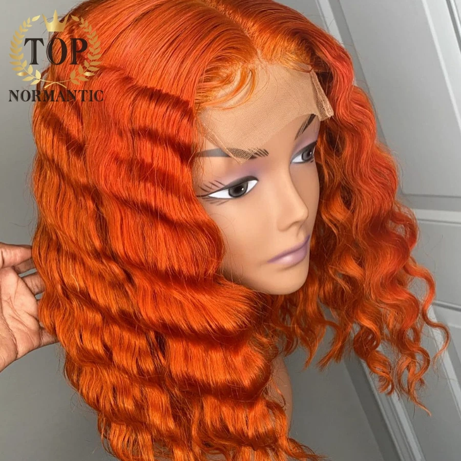 Topnormantic Orange Color 4x4 Lace Closure Deep Wave Wigs With Natural Hairline Indian Remy Human Hair Wig For Women