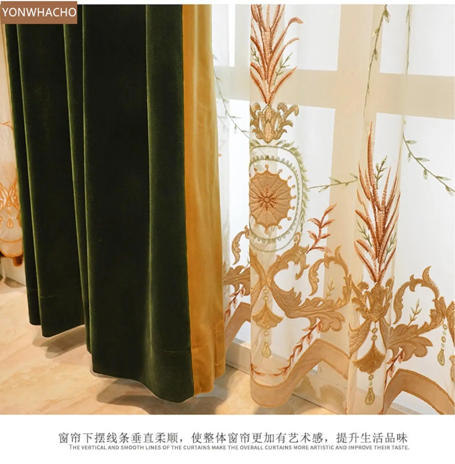 Custom curtains New high-quality European embroidered thick velvet room green cloth blackout curtain valance tulle panel C026