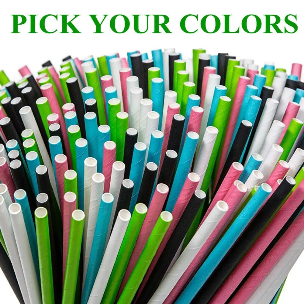 500 Pcs Pick Colors Solid Plain Paper Straws Bulk-Biodegradable White Black Pink Red Green Yellow Grey Blue Kraft Party Drinking