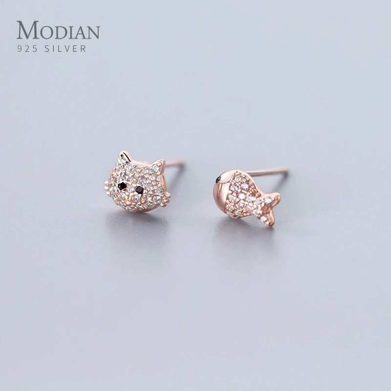 

MODIAN Dazzzling Clear CZ Cute Cat Face Fish Asymmetry Stud Earring for Women 925 Sterling Silver Animal Ear Studs Fine Jewelry