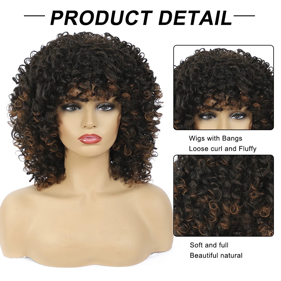 Short Kinky Curly Afro Wigs with Bangs Dark Brown Black Hair Synthetic Wigs for Women Heat Resistant Fiber Daily Party Wigs 14