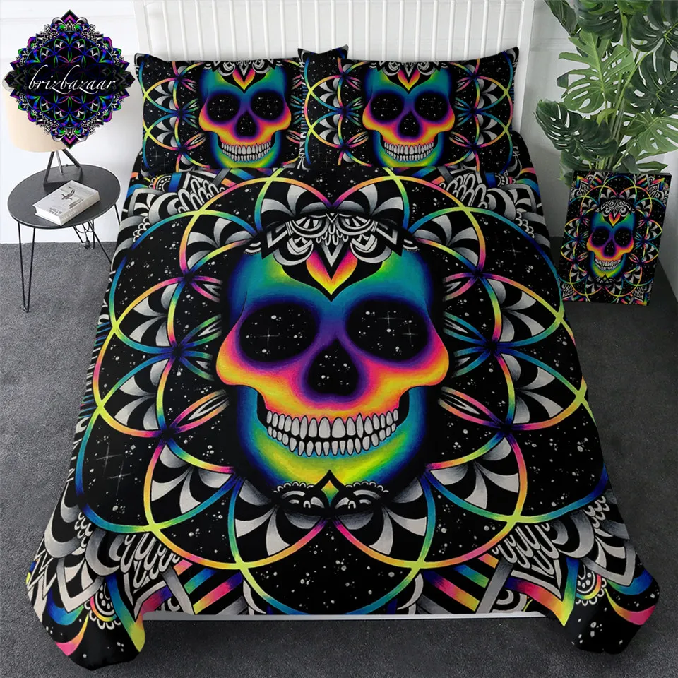 

Chaos By Brizbazaar Bedding Set Queen Colorful Skull Duvet Cover Galaxy Mandala Gothic Bed Set 3-Piece Universe Cool Bedclothes