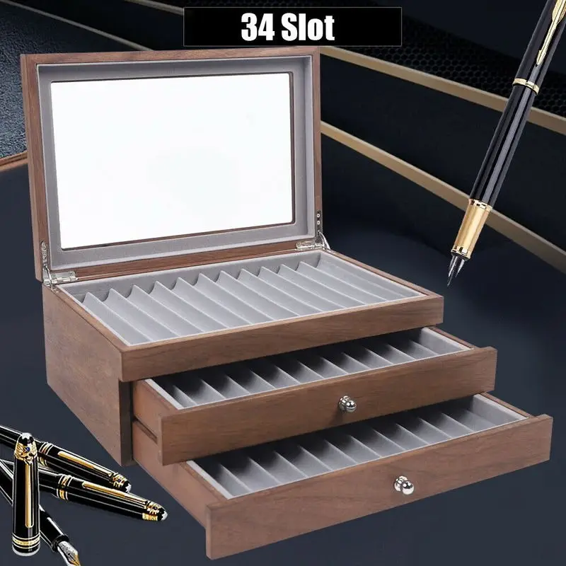 34 Slots Fountain Pen Storage Case Drawer Cabinet Walnut Wood Show Box Student Stationery Organizer Case for Gift