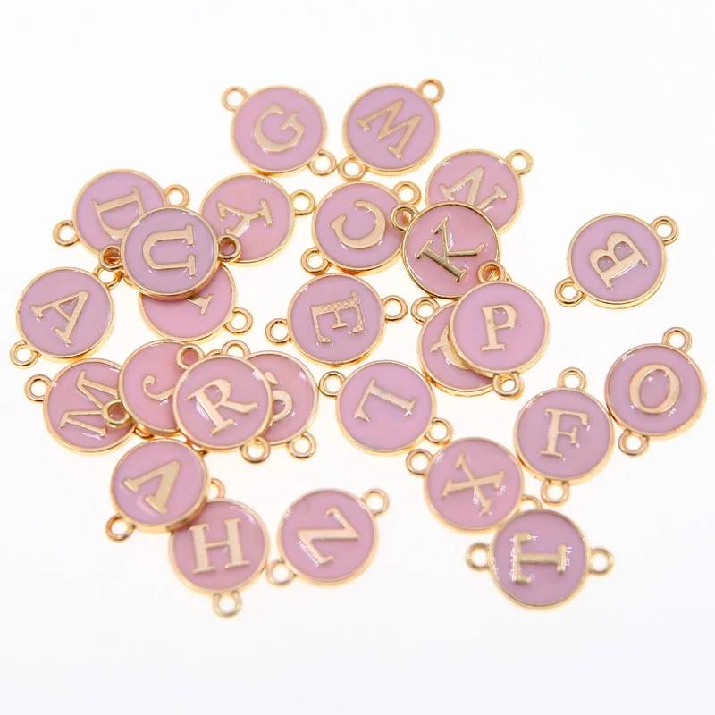 10/26pcs/lot Pink Double hanging ring Letter Charms Enamel For Jewelry Making Alphabet Initial Pendant For DIY Accessories