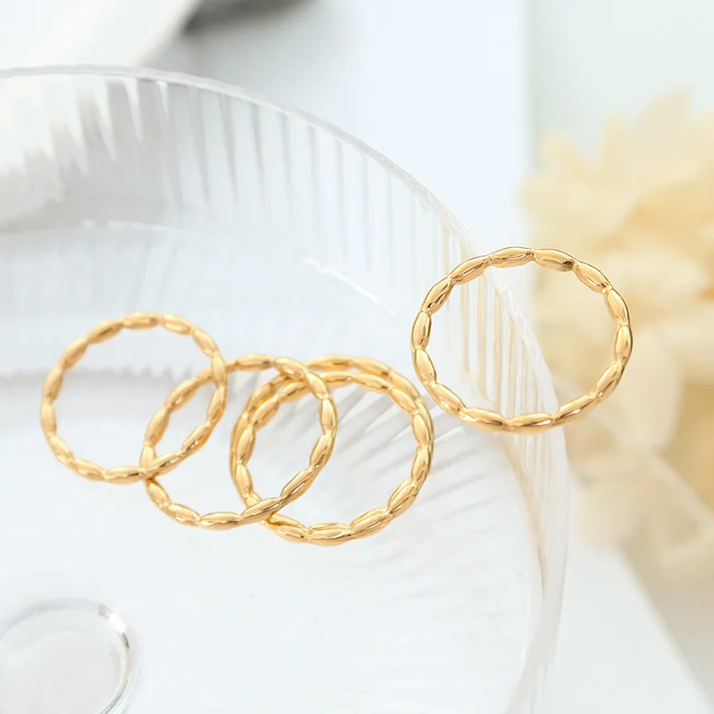 INS Simple Overlay Plain Stainless Steel PVD 18k Gold Plated Oval Beads String Stacker Ring For Women Girls Jewelry