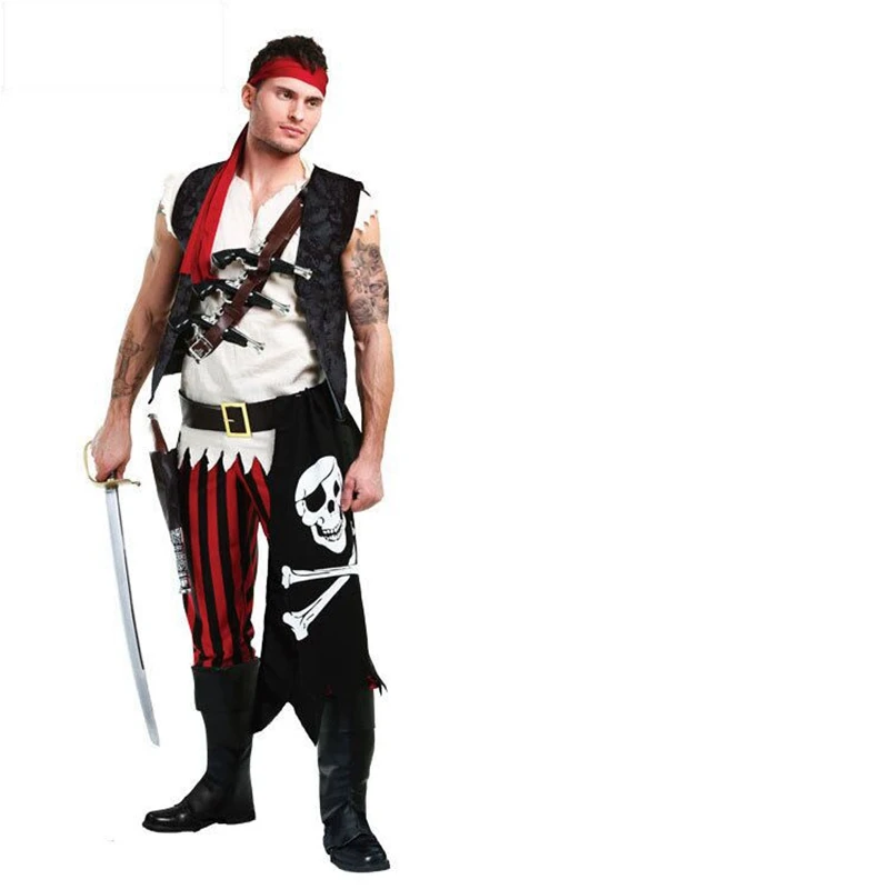 Costume Cosplay pirata Cool da uomo adulto Halloween Fancy Dress Party Set maschile Pirate Crew manica corta gilet pantaloni Party Wear