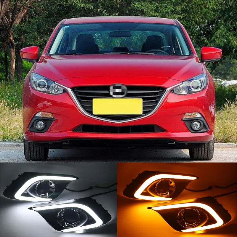 1Pair DRL For Mazda 3 Axela 2014 2015 2016 Daytime Running Lights fog lamp cover headlight 12V Daylight with Yellow