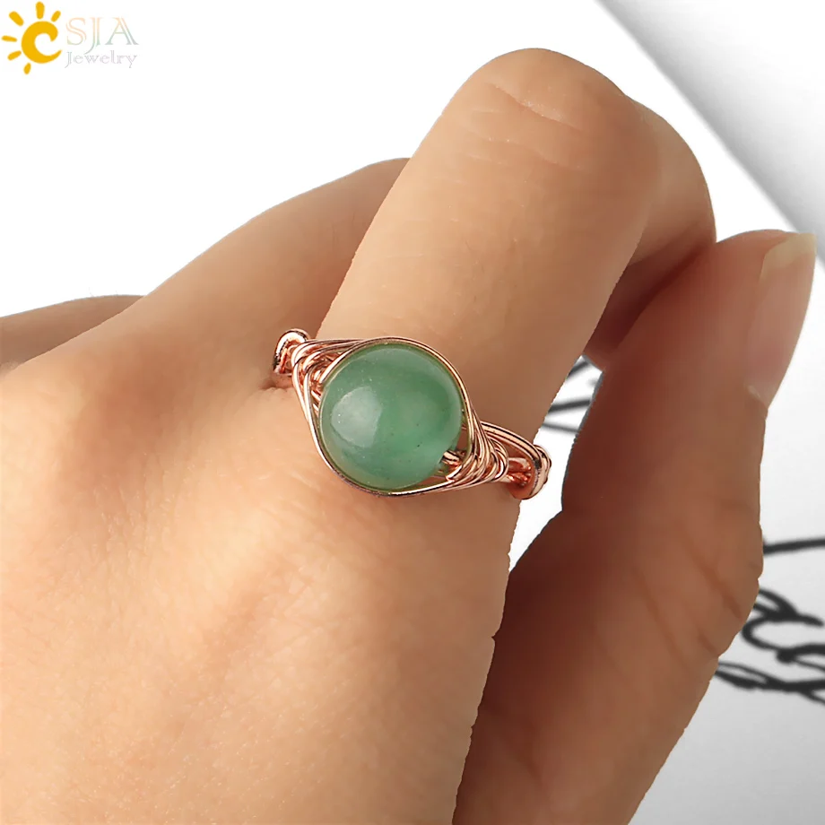 Round Natural Stone Ring Rose Gold Color Wire Wrap Handmade Opal Clear Quartz Obsidian Rock Crystal Finger Ring Healing G345