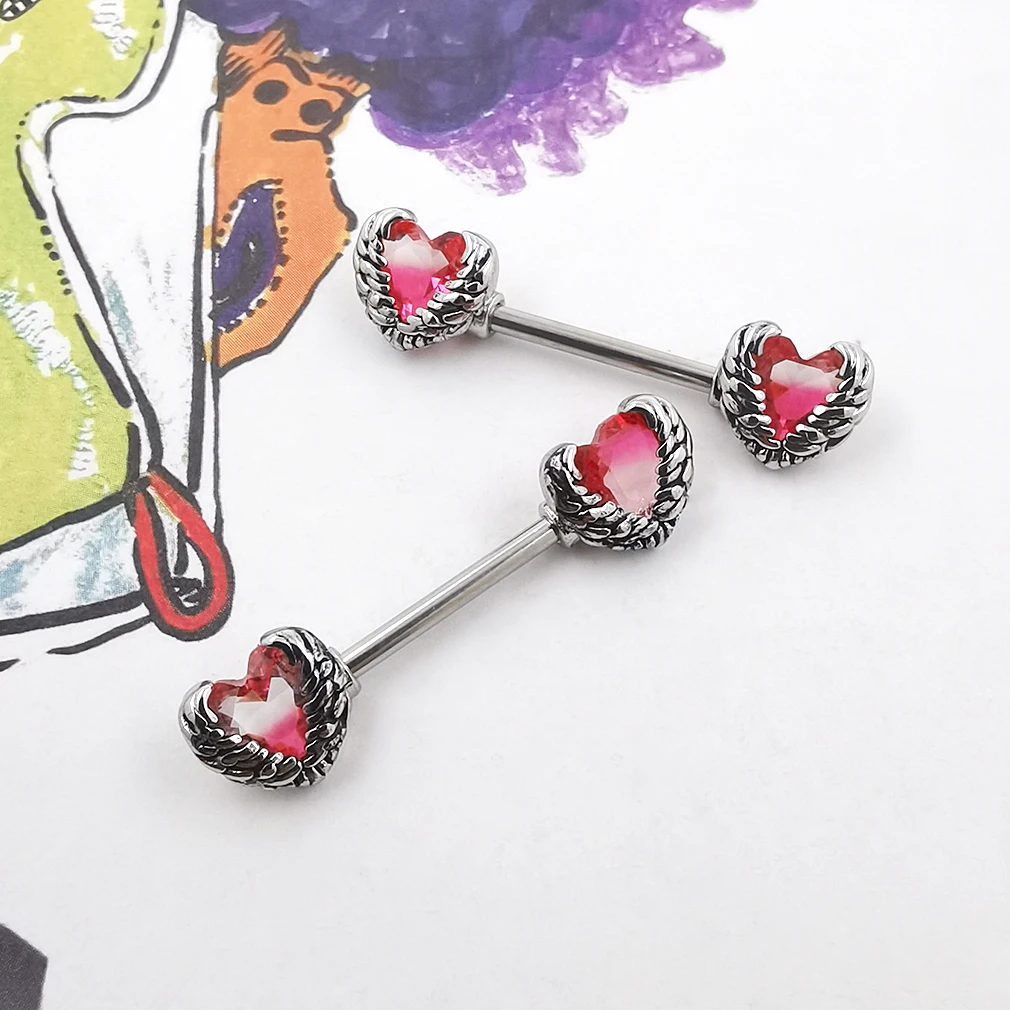 JHJT 2PCS Nipple Rings Barbell Stainless Steel Pink Heart Wings Sexy Women Nipple Bar 14G(1.6mm) Body Piercing Jewelry