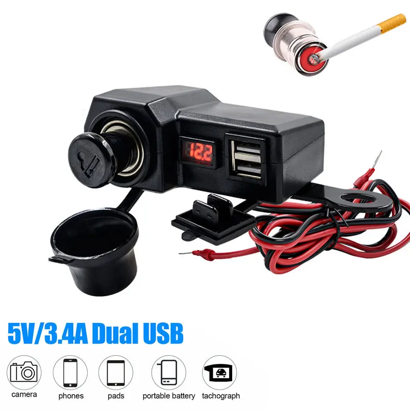 

5V 2.1A Adapter Power Supply Dual USB Port Cigarette Lighter Socket Motorcycle Handlebar Phone Charger Digital Display