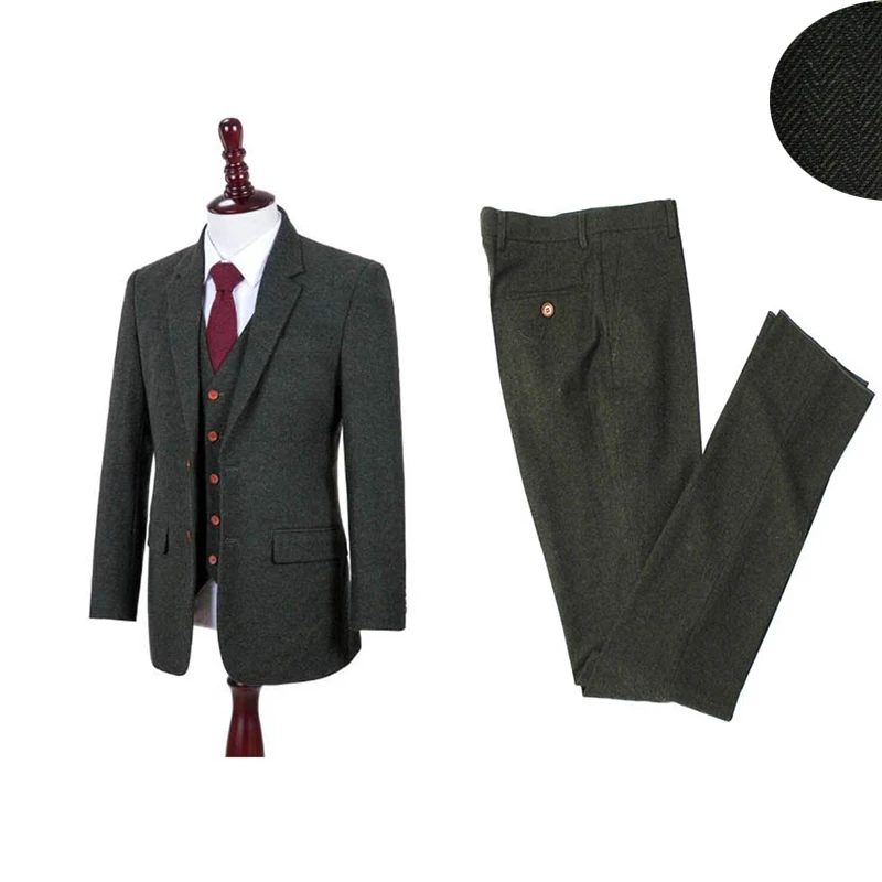 Classico Tweed Verde 3 Pezzi del Vestito Retrò Signore di Stile Tweed Abito Su Misura Per Uomo camicia di Nozze di Feste (Jacket + pantaloni + Vest)