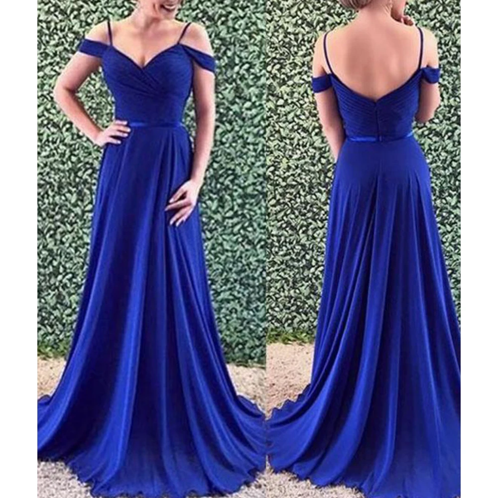 Vestidos de baile de graduación azul real 2020, sin hombros, plisados, línea a, gasa, longitud hasta el suelo, vestido de noche, formatura