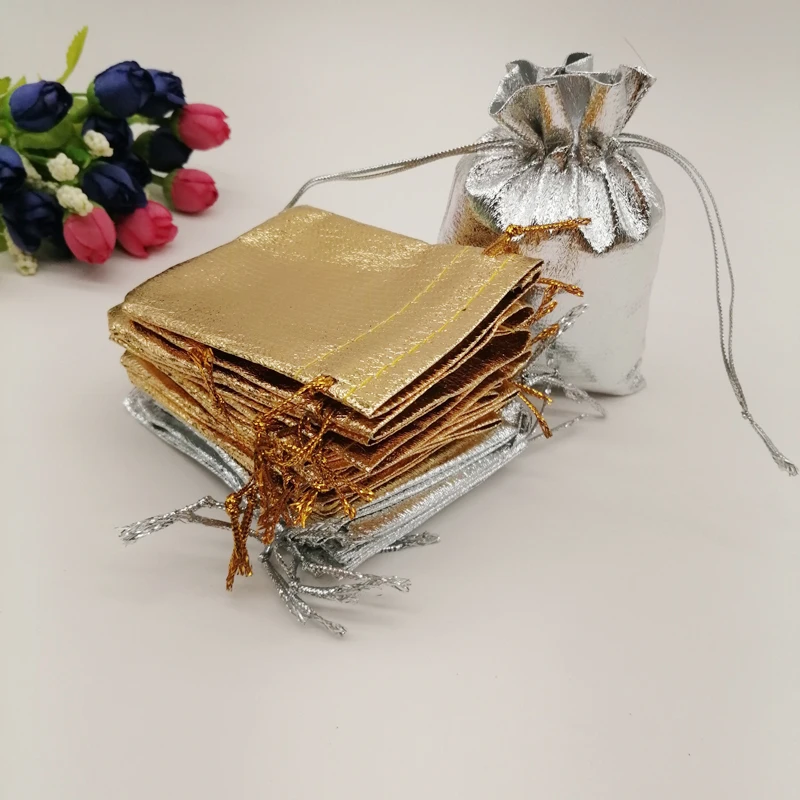 100pcs Gold Silver Bag Fabric Jewelry Bag Aluminium Foil Cloth Bag Drawstring Wedding Jewelry Bag for Jewelry Packaging Display