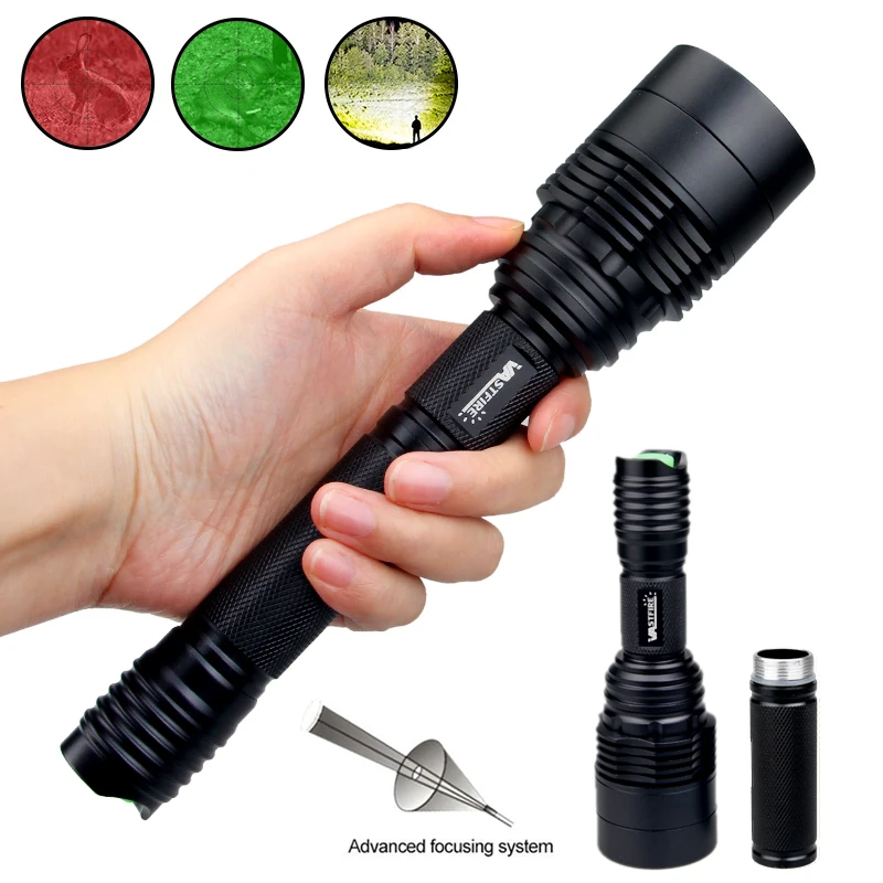 XRE Red Green White Predator Light LED Tactical Flashlight Zoom Focus Adjustable Torch for Hunting Fishing Coyote Hog Varmint