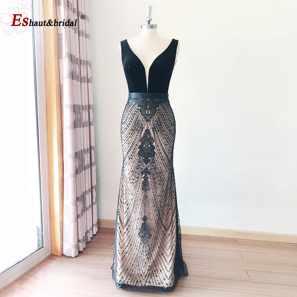 Vestido de noche elegante de sirena de terciopelo negro para mujer 2024 cuello en V sin mangas de encaje largo Formal vestidos de fiesta de boda personalizados