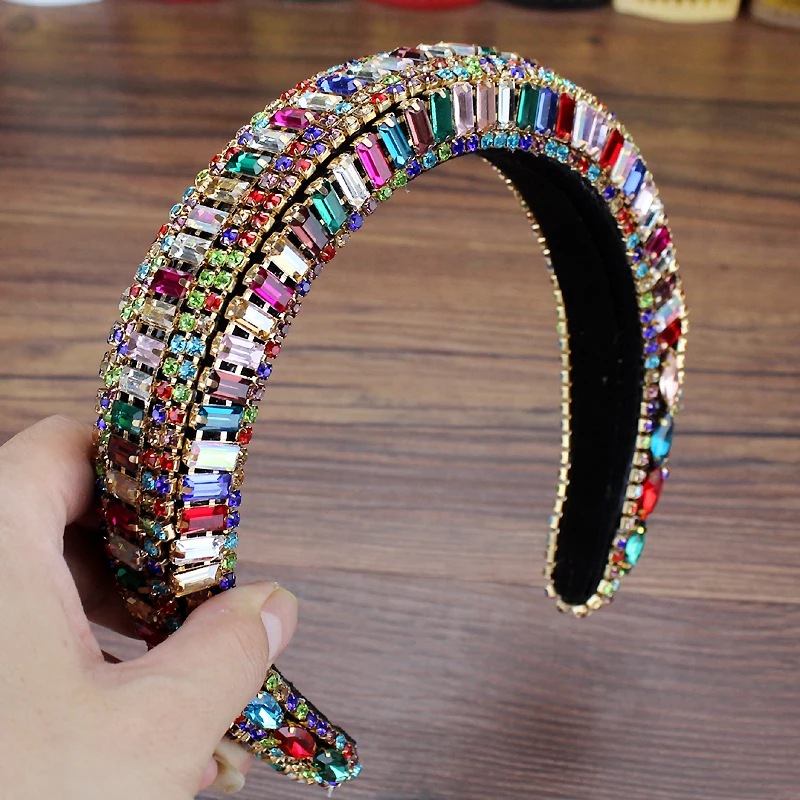 Handmade Colorful Crystal Baroque Tiara Hairbands Diamante Padded Headbands For Women Headdress Birthday Wedding Hair Jewelry