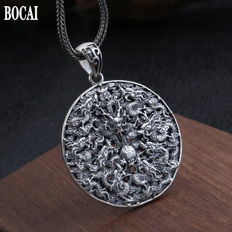 BOCAI s925  Silver Jewelry Creative FashionRound Pendant For Men Engraved Kowloon r Pendant Man's Pendant