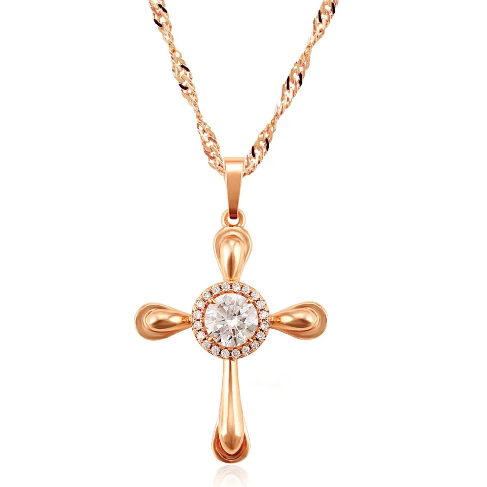 MxGxFam 585 Rose Gold Color Zircon Cross Pendant Jewelry For Womne Men Gold Color AAA+ with Free 45cm Chain.