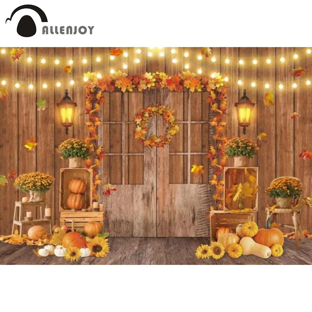 

Allenjoy Autumn Photo Backdrop Wood Wall Door Pumpkin Sunflowers Lights Studio Photography Background Photozone Photobooth