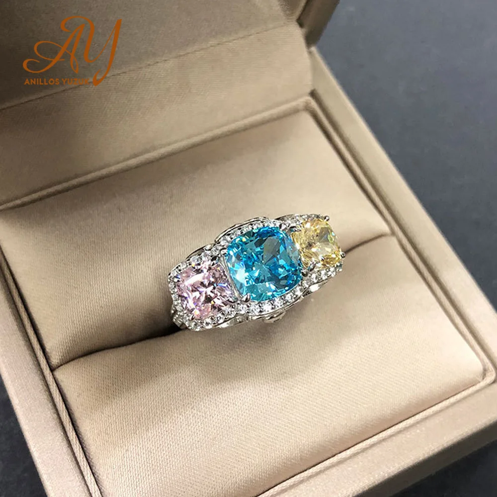 

Anillos Yuzuk 100% 925 Sterling Silver Pink Blue Yellow Sparkling High Carbon Diamond Rings For Women Wedding Party Fine Jewelry