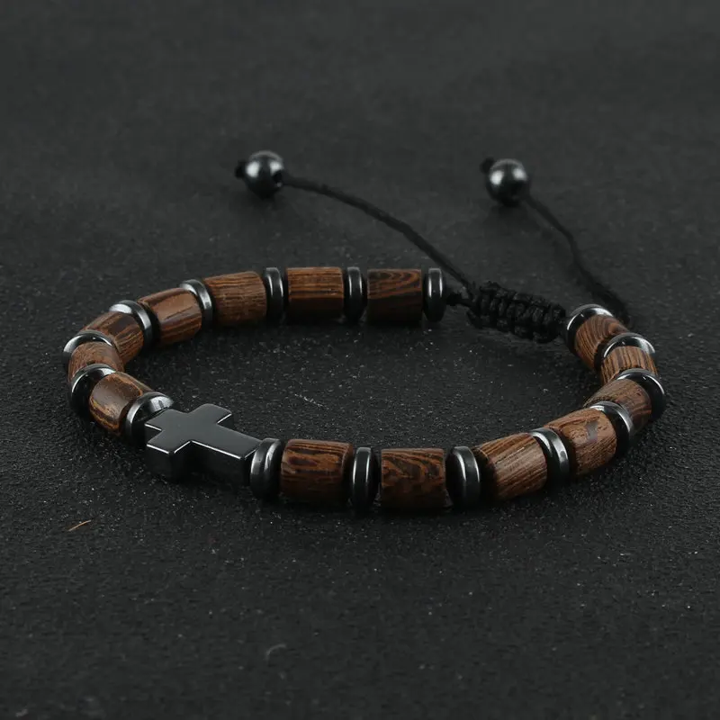 Hematite Cross Charm Bracelet Handmade Adjustable String Chain Lucky Wooden Beads Bracelets for Women Men Jewelry Friend Gift