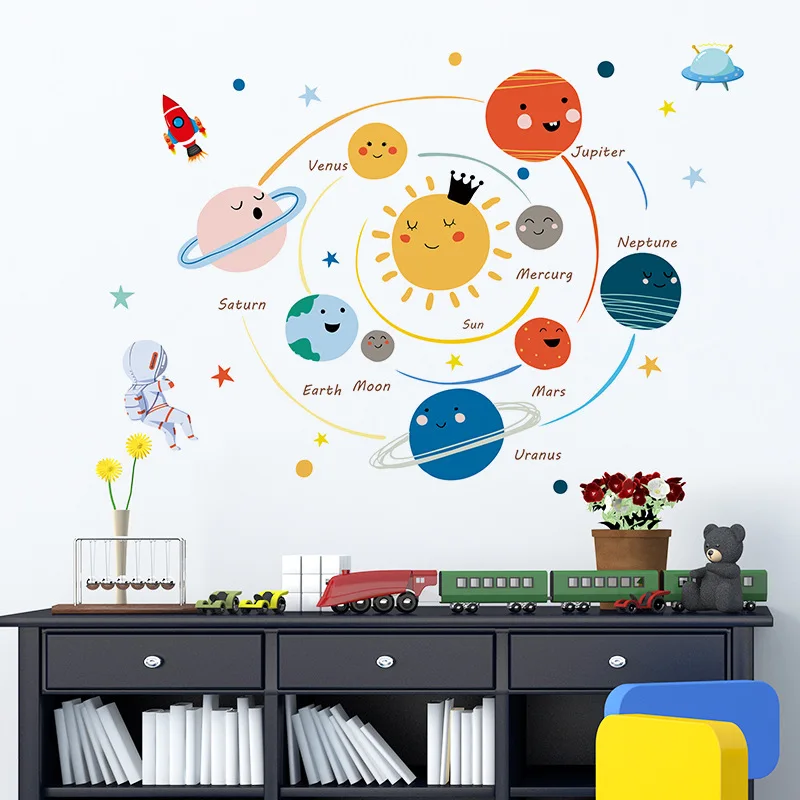 

Hand Paint Cartoon Cute Space Solar System Planets Wall Stickers for Kids Room Baby Bedroom Wall Decals PVC Home Decor Removable