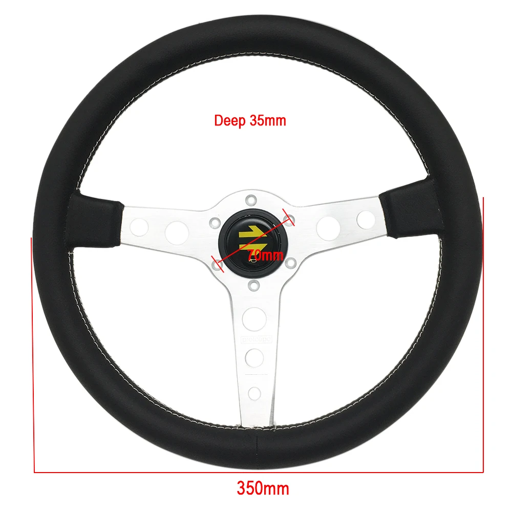 JDM Steering Wheel Real Leather Car Modified Sport 14 Inch 350mm Flat Prototipo Steering Wheel Racing Silver Black Universal