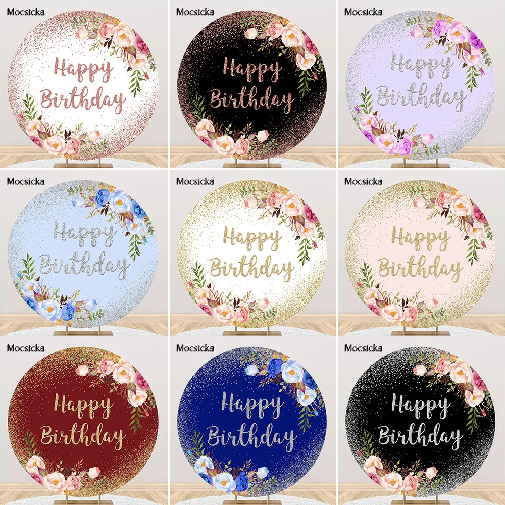 

Glitter Dots Floral Happy Birthday Backdrop Kids Adult Birthday Party Cake Table Background Decor Flowers Round Photocall Props