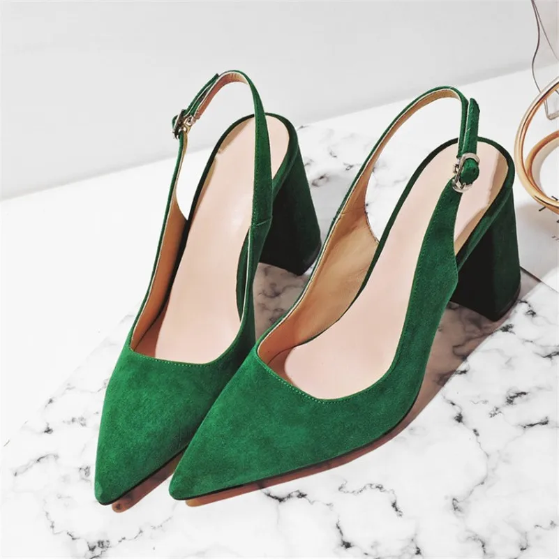 Meotina Genuine Leather Slingbacks Shoes Women High Heels Kid Suede Thick Heel Pumps Buckle Pointed Toe Ladies Footwear Size 42