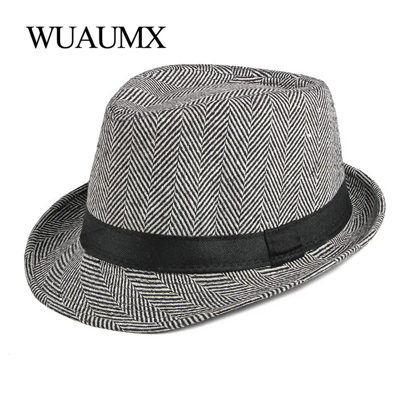 Wuaumx Unisex brytyjski styl Tweed Jazz kapelusze mężczyźni w średnim wieku Panama kapelusz kapelusz Fedoras dla mężczyzn jesień zima melonik czapki