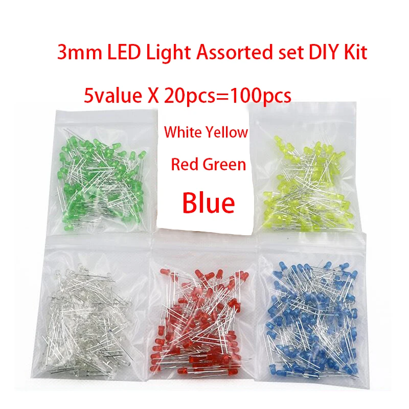 100pcs 3mm LED Light Assorted set DIY Kit White Yellow Red Green Blue 5value X 20pcs=100pcs Independent packing