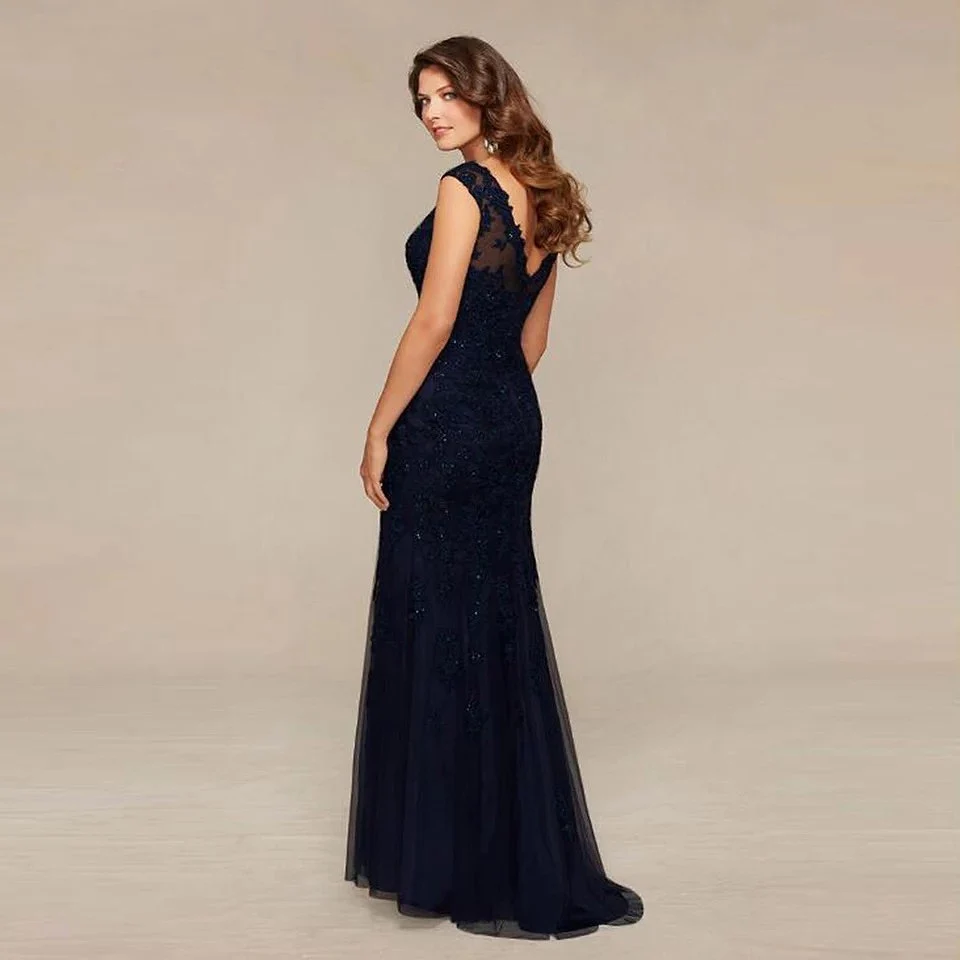 Vestidos de novia para madre, color negro y azul, sirena de encaje con cuentas, cuello transparente, sin mangas, sin espalda, ocasión Formal,