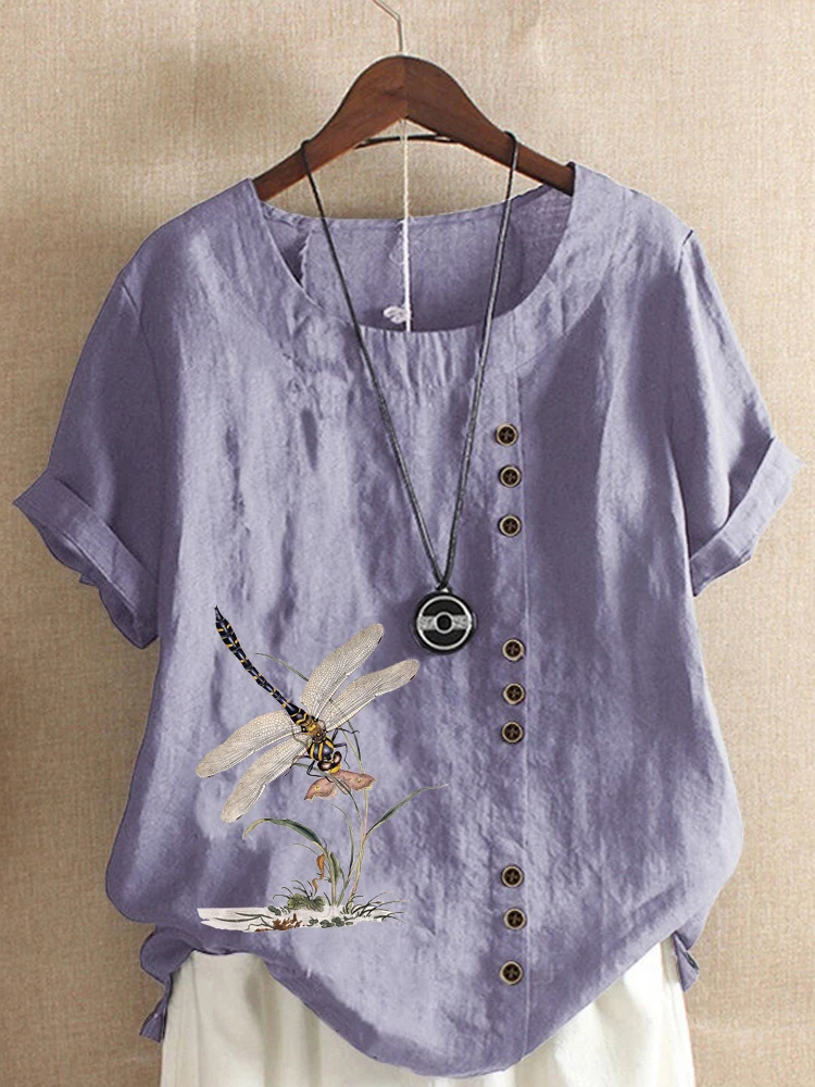 Summer Casual Dragonfly Print Loose T-shirt Retro Cotton and Linen O-neck Plus Size Short-sleeved Women's Top S-5XL